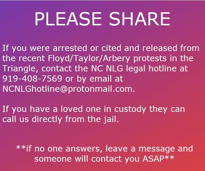 We have a hotline set up to connect people arrested in recent protest with attorneys! 

Please spread this to anyone who might need it, including anyone currently in custody.