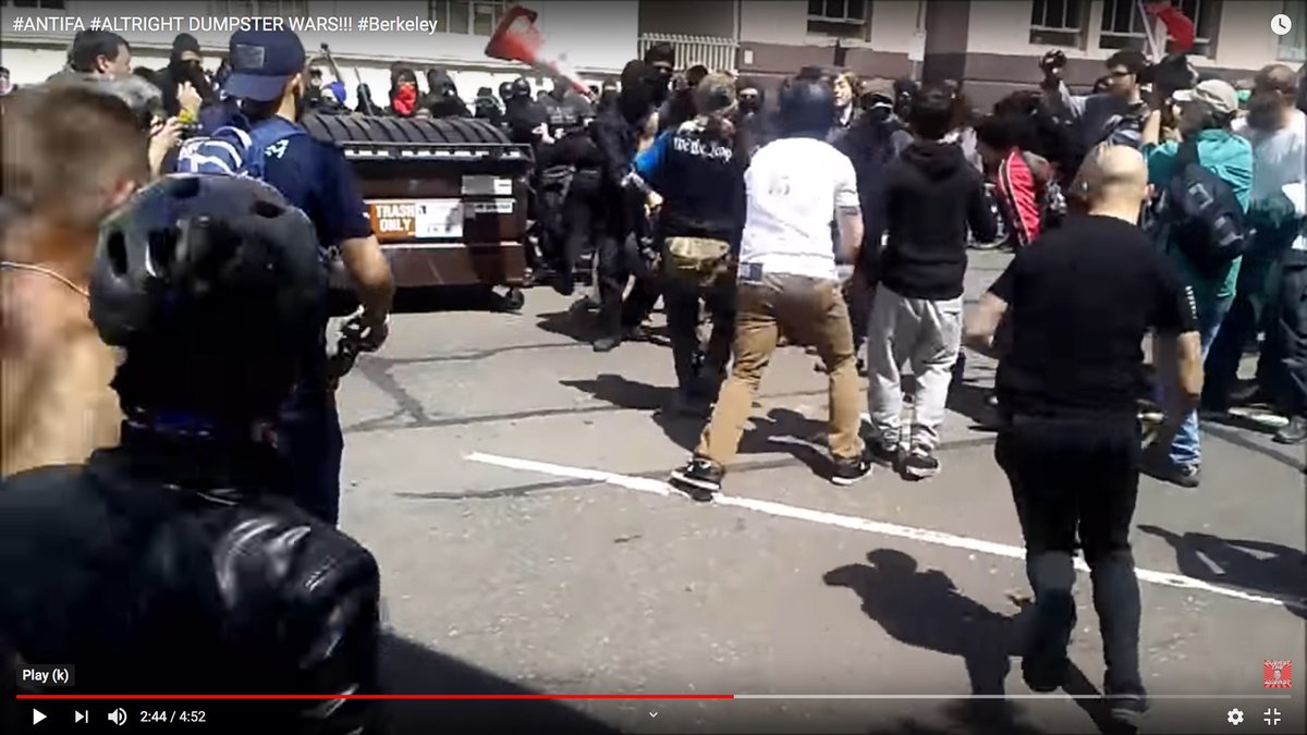 The man in the foreground saw that the Antifa's helmet had fallen off, so this ran ran in and collected the helmet.