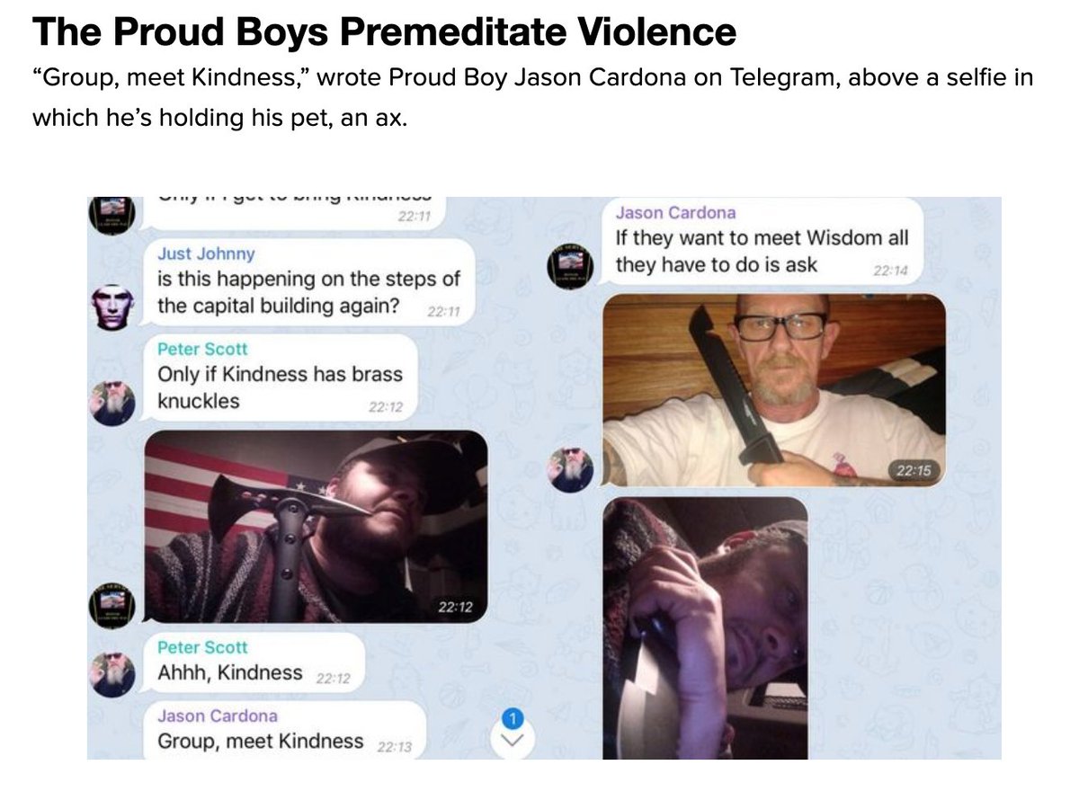 Proud Boy chat logs have also proven that they plan to enact violence at rallies https://www.huffpost.com/entry/proud-boys-chat-logs-premeditate-rally-violence-in-leaked-chats_n_5ce1e231e4b00e035b928683