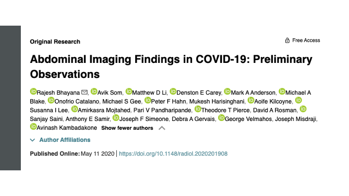 This was inspired by a @RSNA_Radiology article by Bhayana et al available at  https://pubs.rsna.org/doi/10.1148/radiol.2020201908. An investigation by  @MGHImaging of 224 abdominal imaging studies done in  #COVID19 positive patients over a 2-week period. 2/19