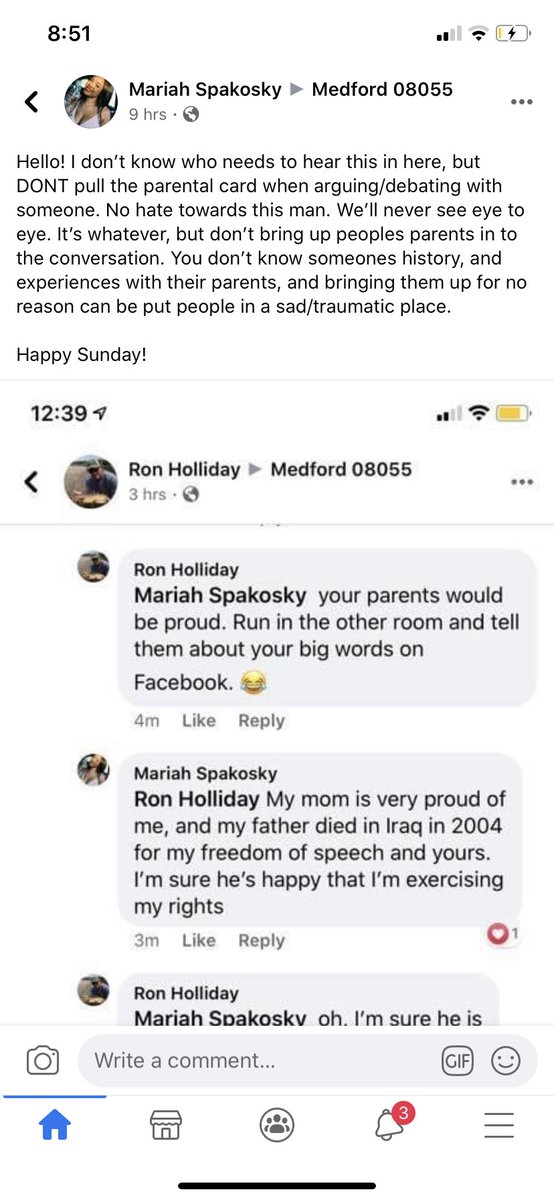 sierragreenberg's tweet photo. This is in my towns Facebook page. All I know is this mans name is Ron Holliday and he’s from Medford New Jersey. Twitter please do your thing. These comments started because of a post in the towns page about the protest #BlackLivesMatters #JusticeForGeorgeFloyd #protests2020 https://t.co/dlc4GyQQUx