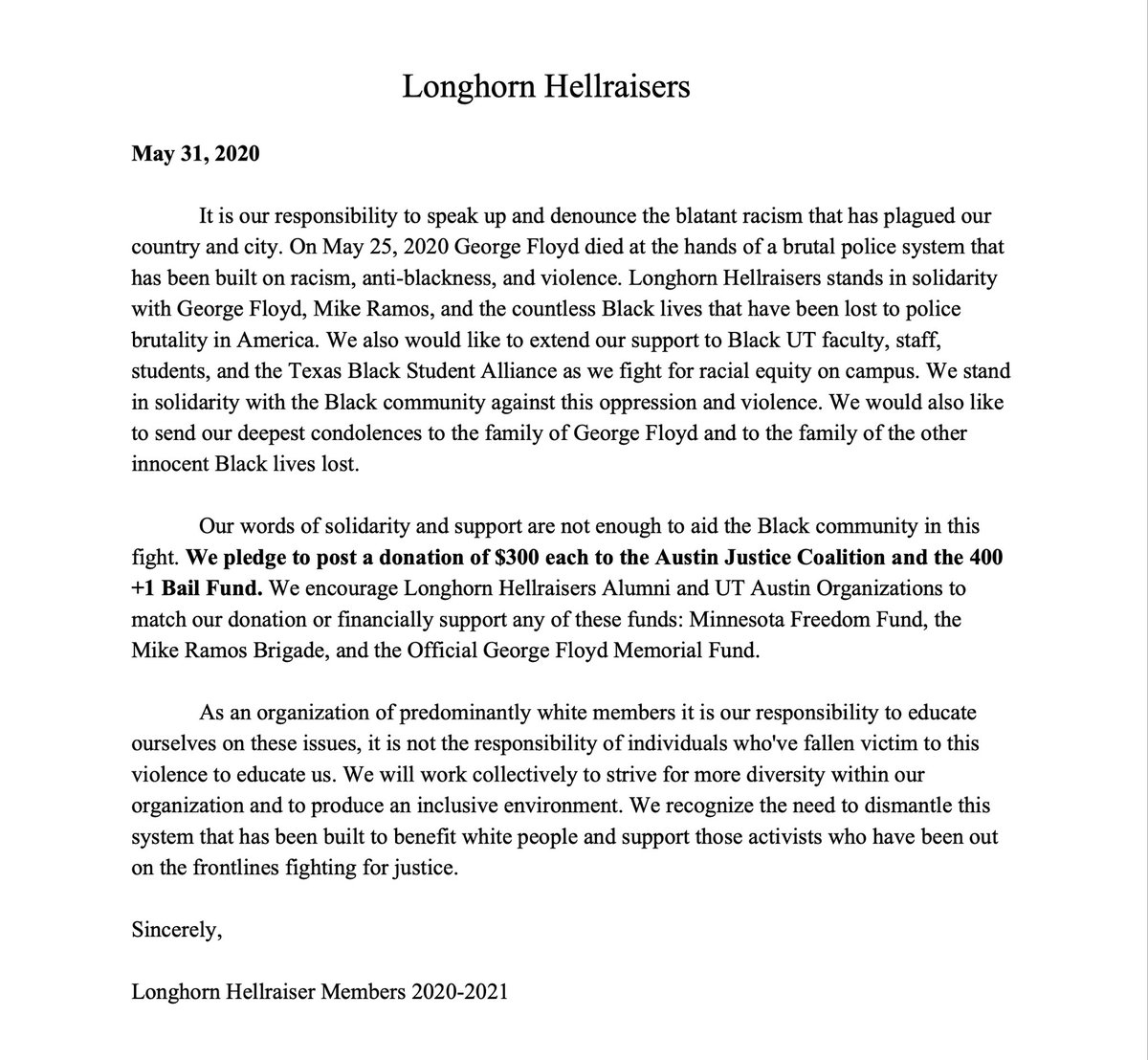 Hellraisers1988's tweet photo. Longhorn Hellraisers has released an official statement standing in solidarity with the Black community, #BlackLivesMatter movement, and Black members of the UT community. Scroll down for ways you can financially support this movement. https://t.co/l7BsTJ6xir