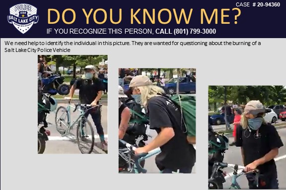 KSL5TV's tweet photo. The @slcpd is asking for the public's help in identifying these individuals. Officers said they would like to speak to them regarding the flipping and burning of an SLCPD car downtown yesterday. Anyone with information has been asked to call: 801-799-3000. https://t.co/HUnvwXDx32