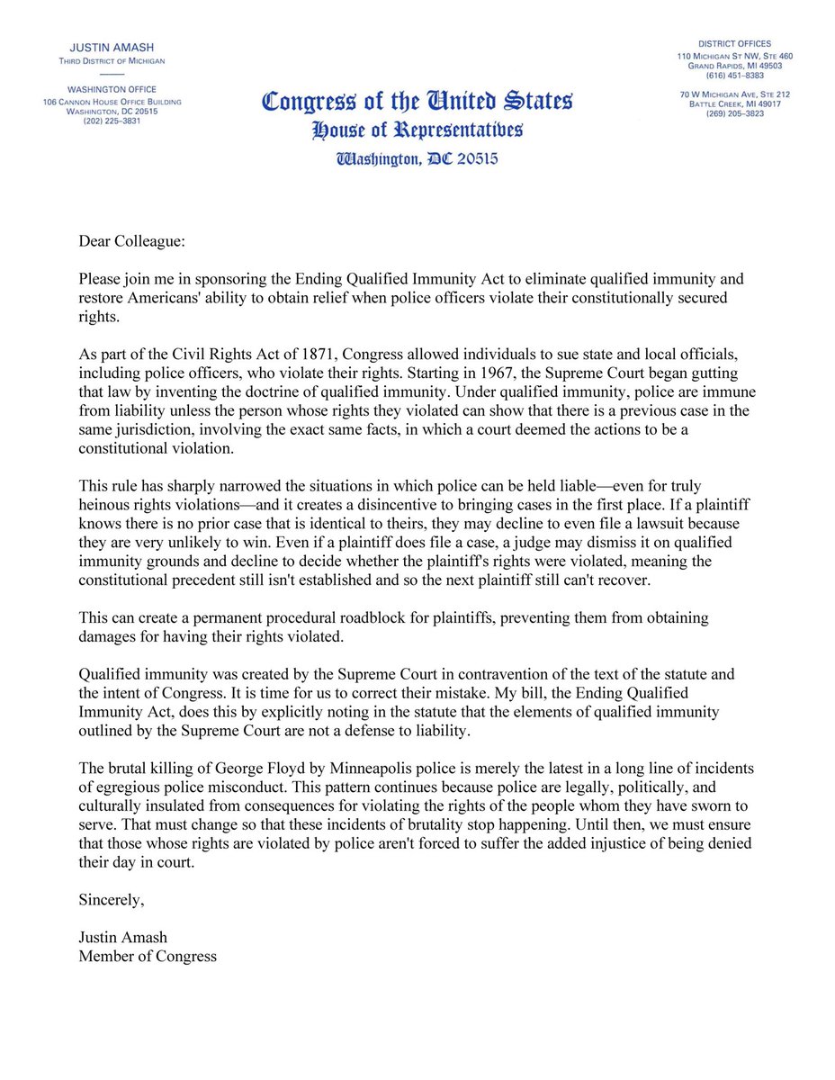 This week, I am introducing the Ending Qualified Immunity Act to eliminate qualified immunity and restore Americans’ ability to obtain relief when police officers violate their constitutionally secured rights.