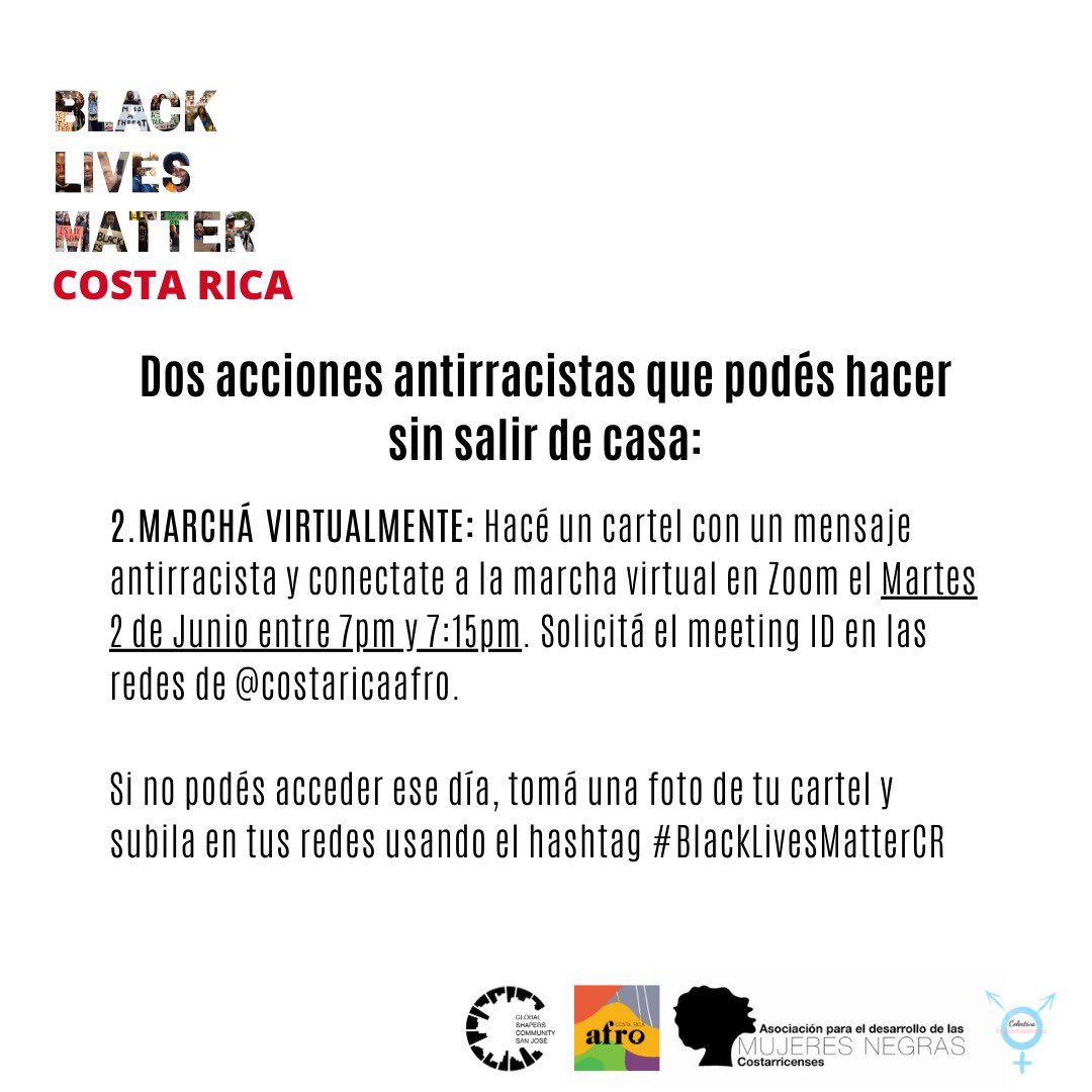 CostaRicaAfro's tweet image. Queres ser solidari@ con nuestres hermanes afro que están protestando? 
Hay dos acciones Antiracistas que podes hacer sin salir de casa: 1-Contribuí a traves de blacklivesmatter.com 2- Marchá Virtualmente el 2 de junio con tu cartel!!! #blacklivesmatterCR #costaricaafro