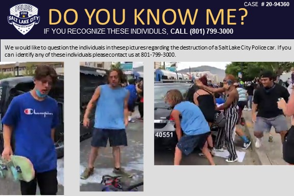 slcpd's tweet image. We need help to identify the individuals in the attached pictures. We would like to speak with them regarding the flipping, vandalism, and burning of a Salt Lake City Police car. If you know who they are, please call 801-799-3000 and reference case 20-94360.