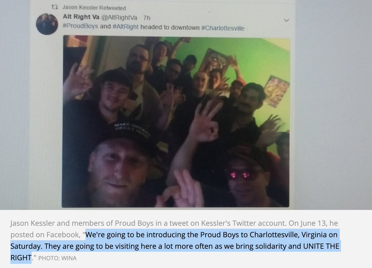Gavin McInnes disavowed the Unite The Right rally, but Proud Boys still attended with former member & organizer of the rally Jason Kessler"Kessler accused McInnes of using him as a “patsy” in order to distance himself from the events in Charlottesville"  http://shorturl.at/lAG38 