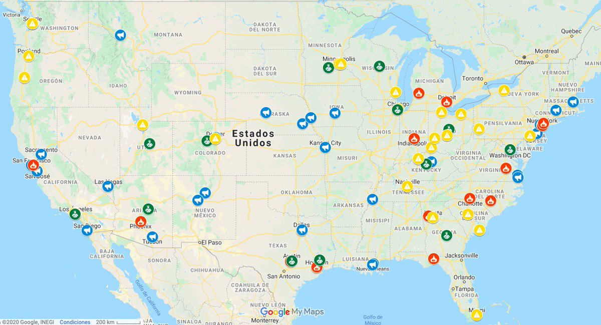 Mapa actualizado de las protestas en Estados Unidos, en cada logo podéis encontrar fotos. Os dejamos el enlace de la cobertura web donde encontraréis el mapa. https://www.descifrandolaguerra.es/politica-estadounidense/