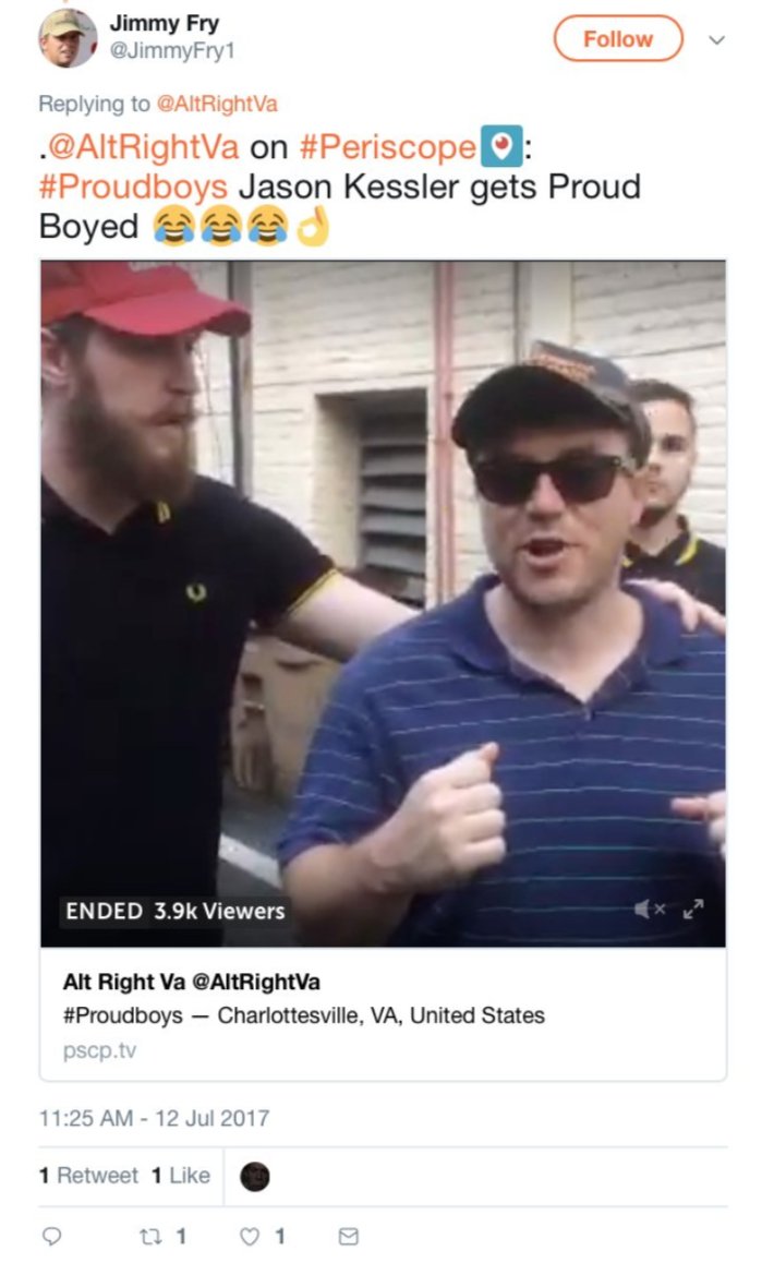 Gavin McInnes disavowed the Unite The Right rally, but Proud Boys still attended with former member & organizer of the rally Jason Kessler"Kessler accused McInnes of using him as a “patsy” in order to distance himself from the events in Charlottesville"  http://shorturl.at/lAG38 