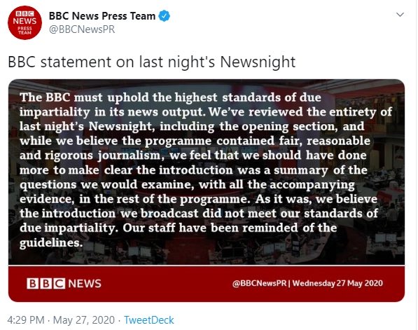 6/. The interview with the MP,  @ABridgen, was on  @BBCNewsnight done by  @maitlis who’d begun the programme with a powerful & opinionated - but entirely factual - monologue.The next day, the BBC issued an apology.I imagine ministers will boycott her like they have  @piersmorgan.