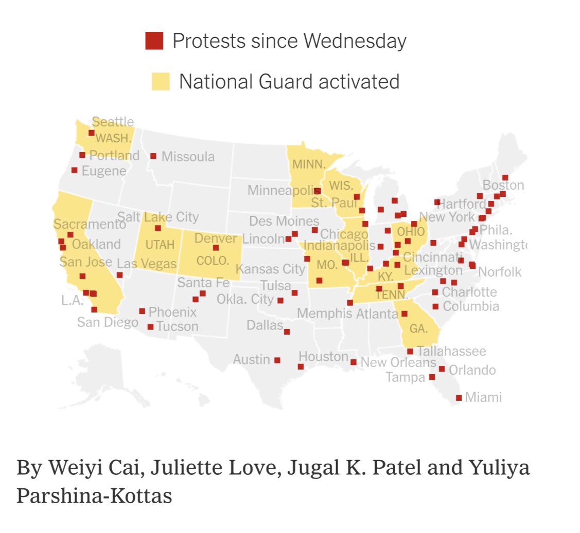 Uzivatel 米国株ブタ子 から配信中 Na Twitteru アメリカ全米で起きているデモの地図 都市の多くでデモが勃発 50箇所以上でデモが発生 12の州で州兵出動 大人しくデモを行う人々 破壊 暴力 奪略放火を行う若者達など様々 これほどの全米規模の暴動は何