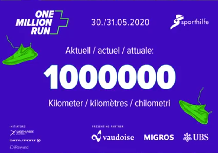 SwissAthletics's tweet photo. WIR HABE ES GESCHAFFT: Beim #OneMillionRun ist die Marke von 1 Million gelaufenen Kilometern erreicht worden! Wir sind stolz, dass unsere Schweiz eine so begeisterte Sportnation ist! Danke allen Beteiligten! @CH_Sporthilfe @UBSathletics @WeltklasseZH @srfsport @RTSsport @RSIsport https://t.co/38yZKhsH6t