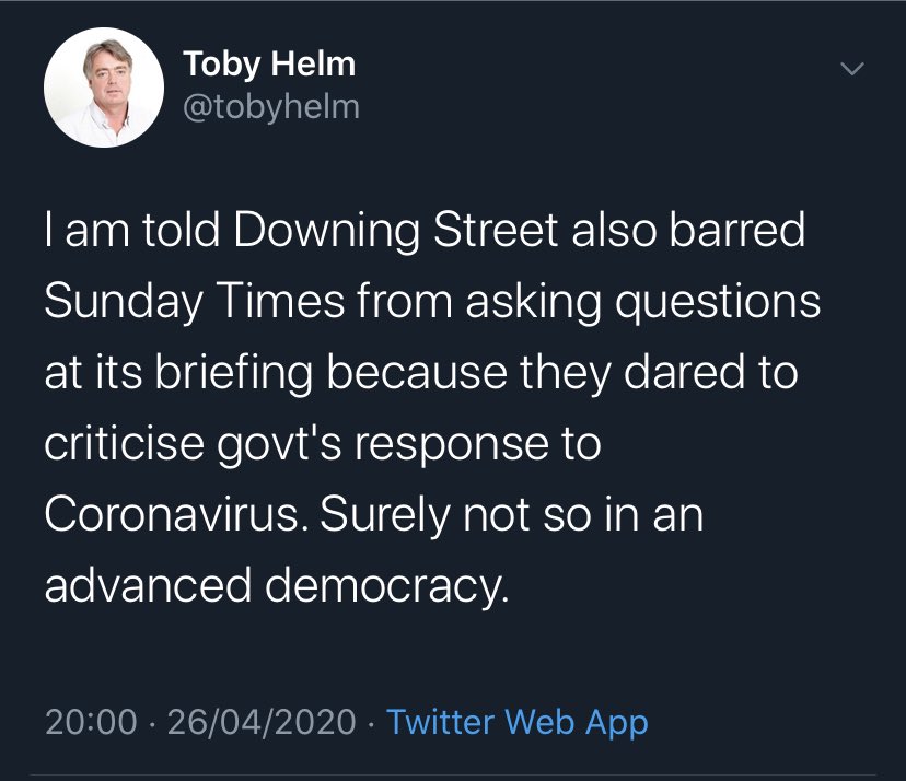 7/. Ministers have refused to go on  @GMB for 33 daysIn February, journalists walked out of a PM’s press conference after their colleagues from 4 publications weren’t let inSome publications - incldg Sunday Times on 26/4 - have been barred from asking questions at conferences.