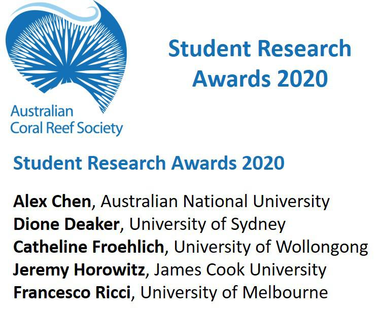 RESEARCH SPOTLIGHT//

This year ACRS has awarded 5 Research Awards to the value of $15,500 as well as $12,000 for 15 Travel Awards towards the International Coral Reef Society conference in 2021!

A huge congratulations to all the awardees!