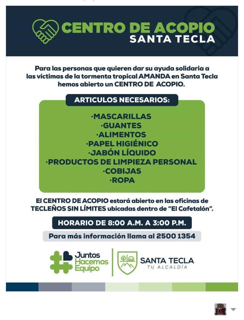 karlabmoncada's tweet photo. Para la gente de Santa Tecla que quiera llevar sus donativos, en el Cafetalon en las oficinas de Tecleños sin límites se ha habilitado un centro de acopio. https://t.co/mF0oRm2uhQ