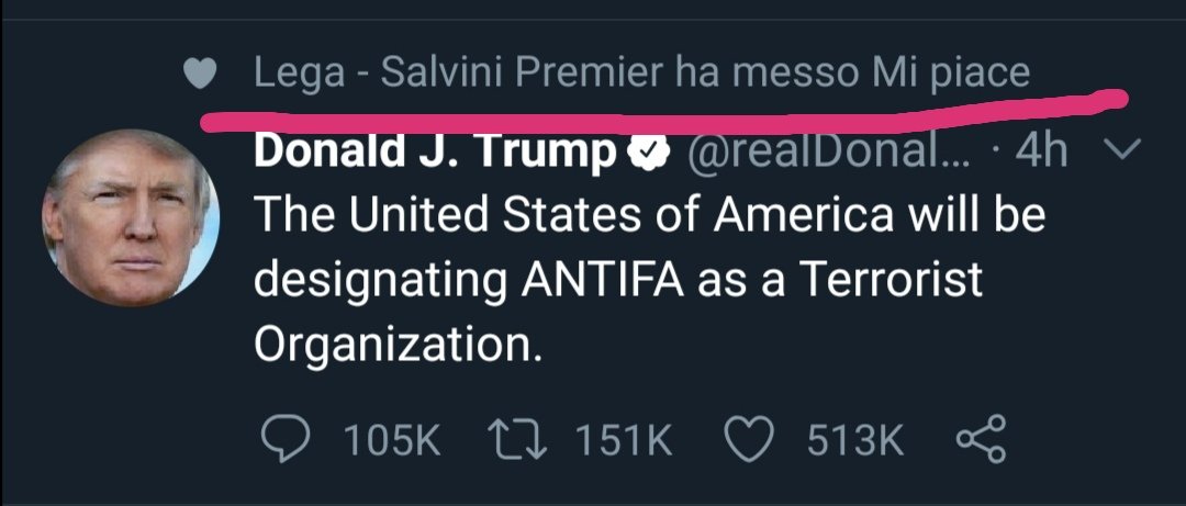 La #Lega mette like al tweet in cui #Trump equipara gli antifascisti ai terroristi.
Hanno gettato la maschera: non condividono il principio base su cui si fonda la nostra Repubblica, ovvero l'antifascismo.
Chi ancora nega questa realtà è solo in malafede.
#AntiFascista