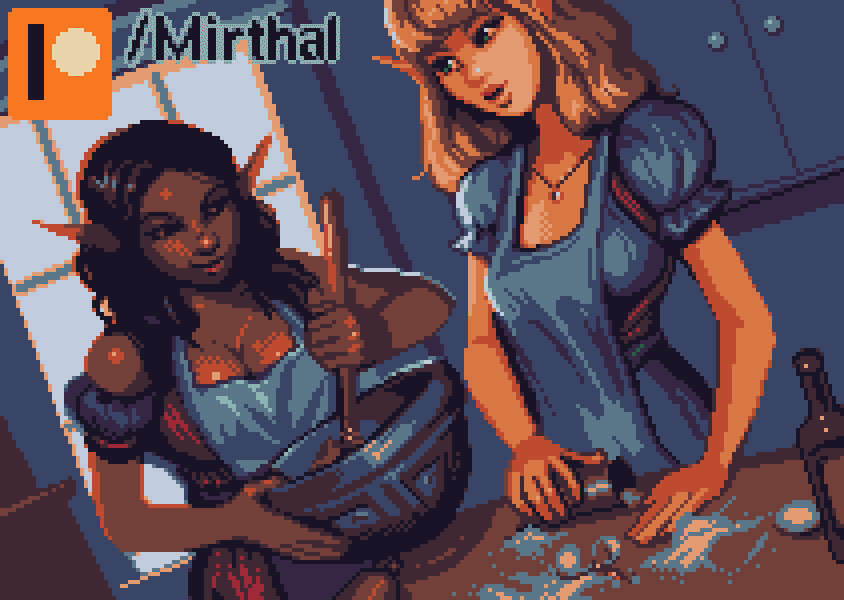 MirthalGames's tweet photo. A small session of kitchen fun between our favorite Halfing+Elf combo done by our talented artist @walnusstinte 

Full Gallery here: https://t.co/T3kMadcHjm
Game here (It's free): https://t.co/QaG5YjfHJ7 https://t.co/6RgF6KkGsx