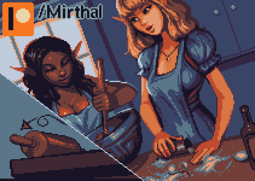 MirthalGames's tweet photo. A small session of kitchen fun between our favorite Halfing+Elf combo done by our talented artist @walnusstinte 

Full Gallery here: https://t.co/T3kMadcHjm
Game here (It's free): https://t.co/QaG5YjfHJ7 https://t.co/6RgF6KkGsx