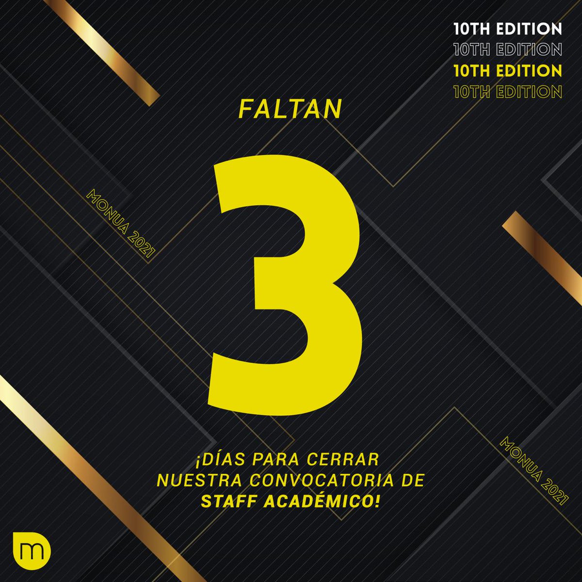¡Se está acabando el tiempo!

Faltan 3 días para el cierre de la convocatoria de Staff Académico.

¿Qué estás esperando para aplicar a ser parte del equipo que construirá la décima versión de MONUA? 

Envía tu aplicación en el siguiente link: monuauniandes.typeform.com/to/g5S9Ev

#MONUA2021