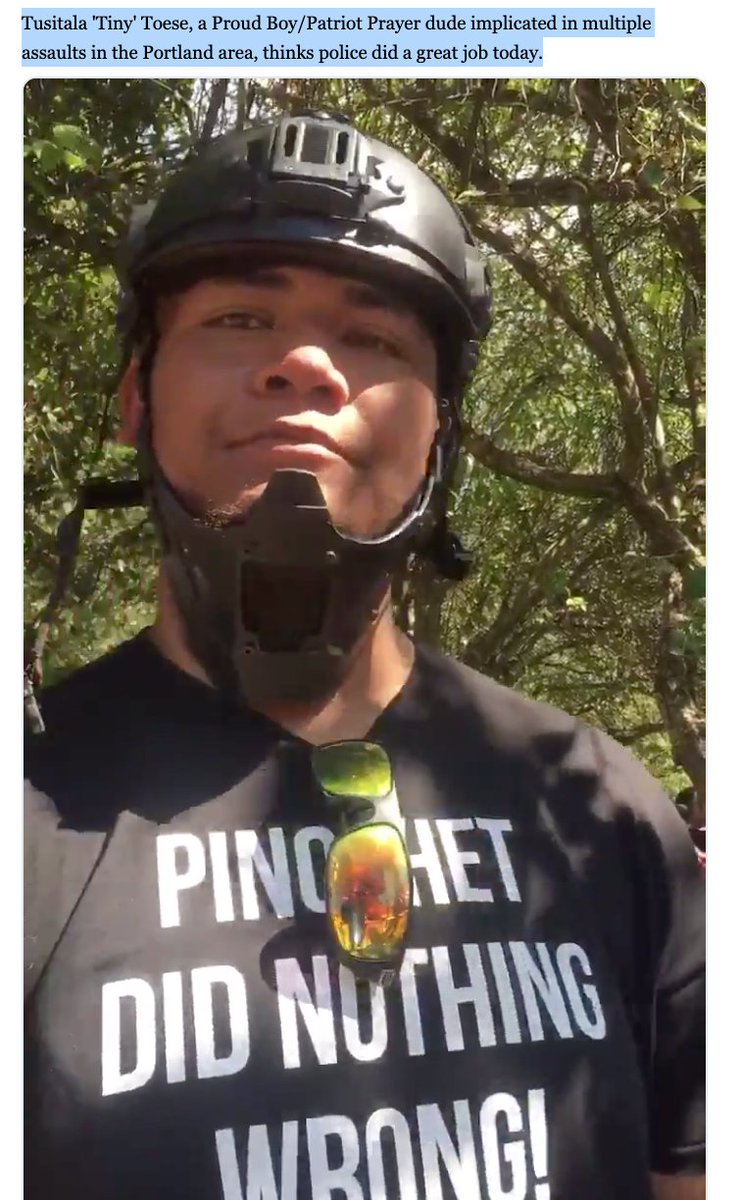 This is Proud Boy member Tusitala 'Tiny' Toese wearing a "Pinochet Did Nothing Wrong" shirt, referring to the Chilian Dictator who manicured thousand of Socialists.He has been arrested & sentenced to 2-years probation for assault http://shorturl.at/bsDI4  http://shorturl.at/czIOZ 