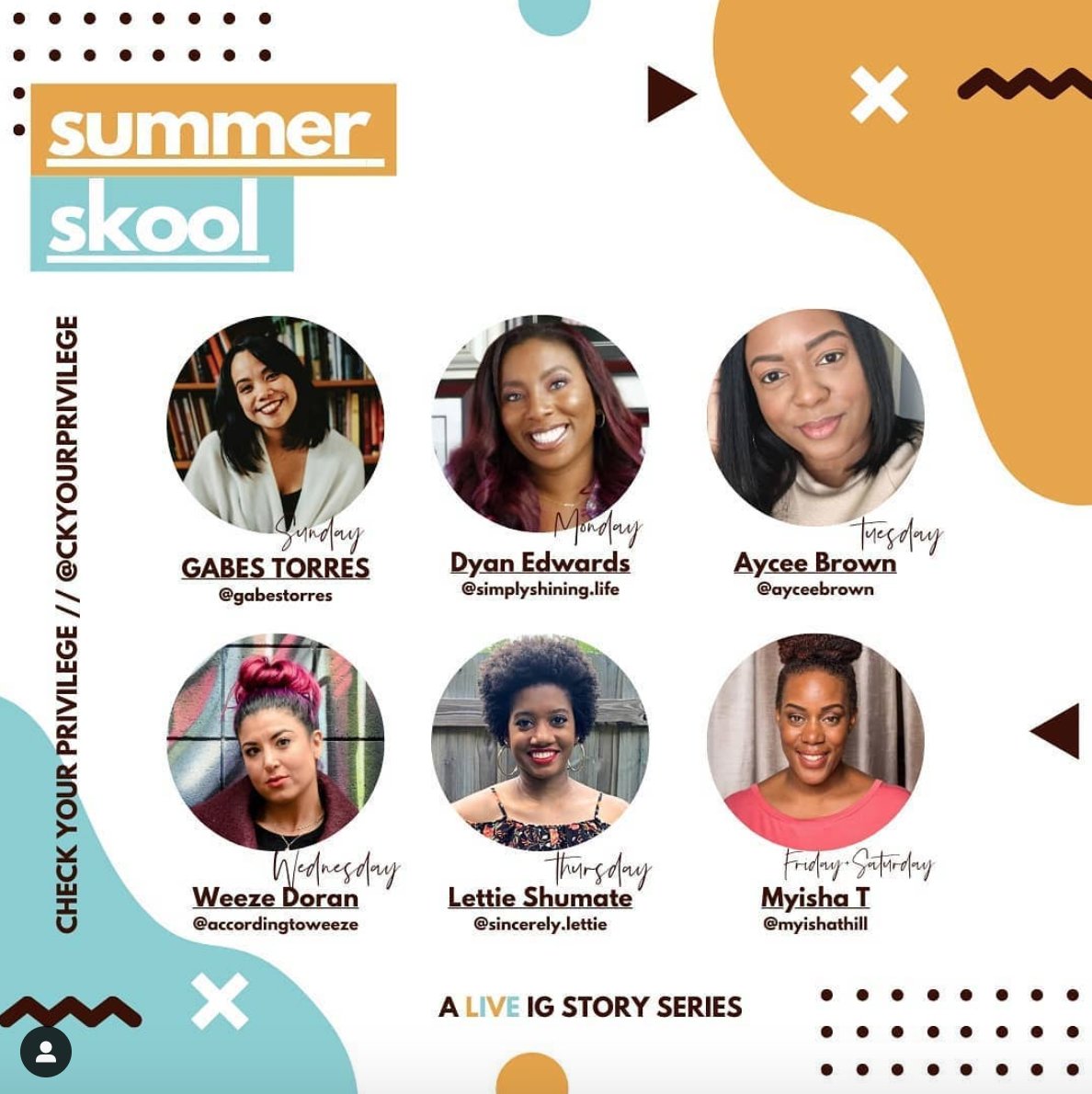 Check Your Privilege, founded by Myisha T. Hill, is a guided journey that deepens your awareness to how your actions affect the mental health of Black, Brown, & Indigenous people. Right now, they're offering a Summer  #SaturdaySkool series about anti-racism  https://bit.ly/3dm6gfV 