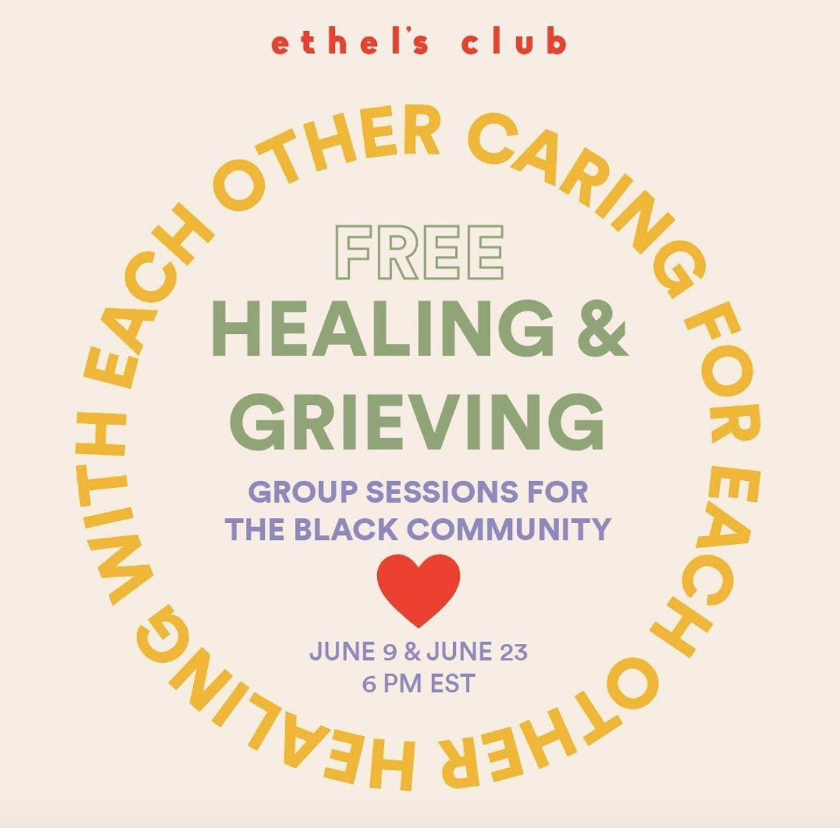 . @ethelsclub is an online social and wellness club dedicated to celebrating people of color. In June, the organization is hosting free virtual group healing and grieving sessions for Black people around the world  https://bit.ly/3dm6gfV 