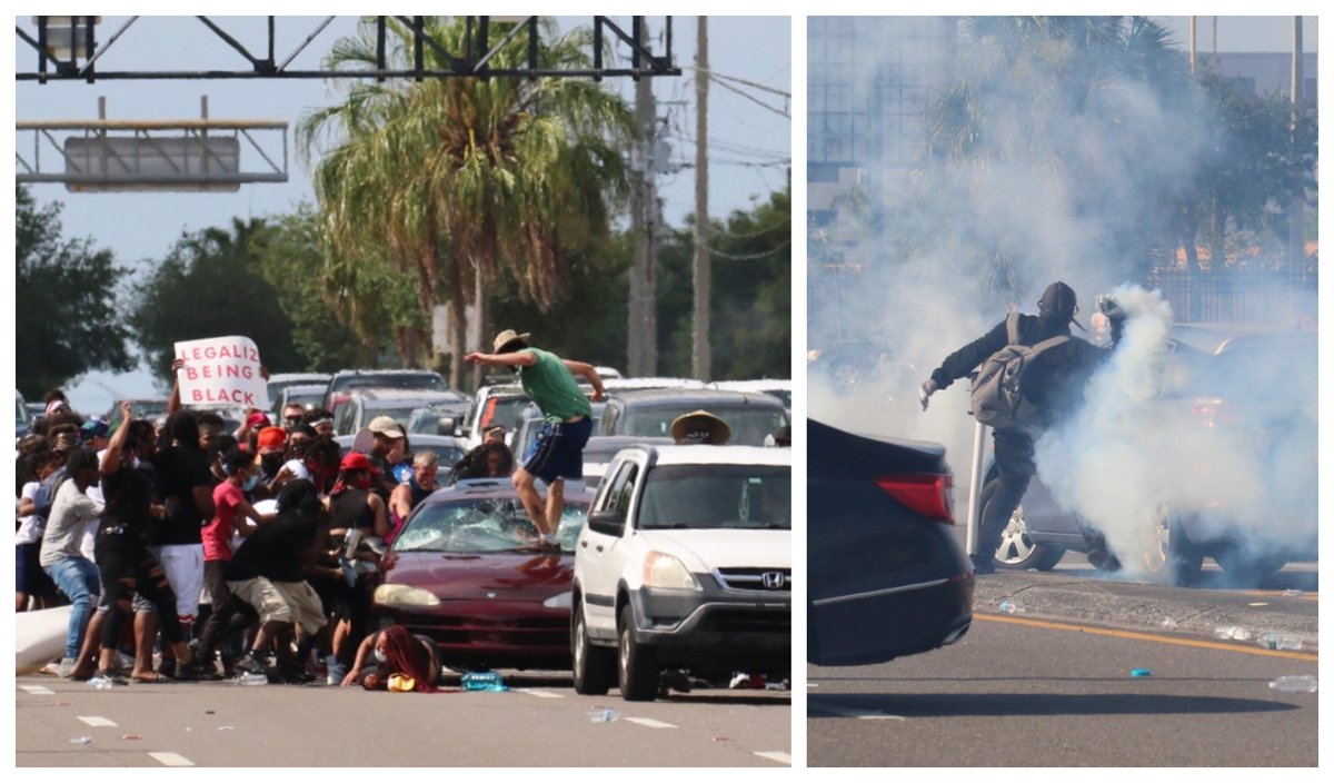 bobheistFL's tweet photo. The peaceful #BlackLivesMatter rally held earlier in Munn Park turned ugly when a large number of protestors blocked a main intersection for over an hour. Lakeland Police eventually used tear gas to gain control. PHOTOS: https://t.co/y6urJBVik5 https://t.co/HxgTw9LhsT