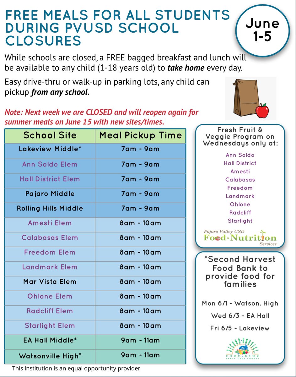 #PVUSD will take a 1 week break June 8-12. <a href="/pvusdschoolfood/">pvusdschoolfood</a> looks forward to seeing you back for summer feeding June 15-July 24. This Friday will be <a href="/SHFBSantaCruz/">shfbsantacruz</a> first time at <a href="/LakeviewPVUSD/">LakeviewMiddleEagles</a>; they will also be at WHS on Monday and EA Hall on Wednesday. 
<a href="/mlrod32/">Dr. Michelle Rodriguez</a>