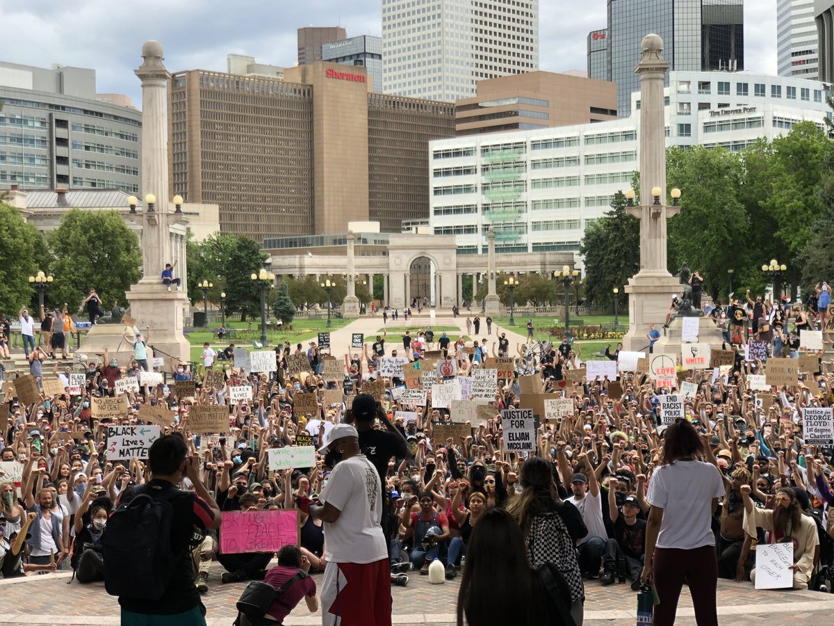 Civic Center Park in Denver. 1,000+, by my estimate, packing in close — one speaker said he wanted to take a group selfie so that “the history books” and anyone following along today can see what’s actually going on here.