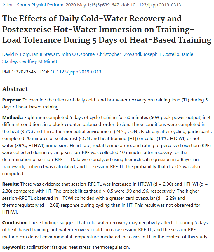 Geoff Minett (@geoffminett) on Twitter photo The effects of daily cold-water recovery and postexercise hot-water immersion on training load tolerance during 5 days of heat-based training.
๐ฅโ๐๐ดโโ๏ธ๐ฅ
pubmed.ncbi.nlm.nih.gov/32023545/
#heatacclimation #heatstress #thermoregulation #cycling
<a href="/IJSPPjournal/">Int'l Journal of Sports Physiology and Performance</a> The effects of daily cold-water recovery and postexercise hot-water immersion on training load tolerance during 5 days of heat-based training.
๐ฅโ๐๐ดโโ๏ธ๐ฅ
pubmed.ncbi.nlm.nih.gov/32023545/
#heatacclimation #heatstress #thermoregulation #cycling
<a href="/IJSPPjournal/">Int'l Journal of Sports Physiology and Performance</a>