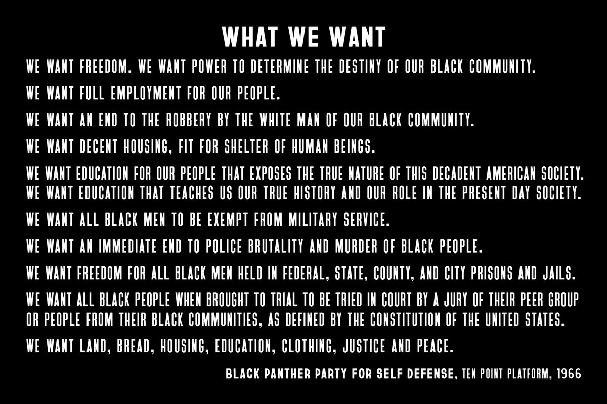 Read the Black Panther Party’s Ten Point Platform out loud. What resonates with you? What questions or reflections does it prompt?