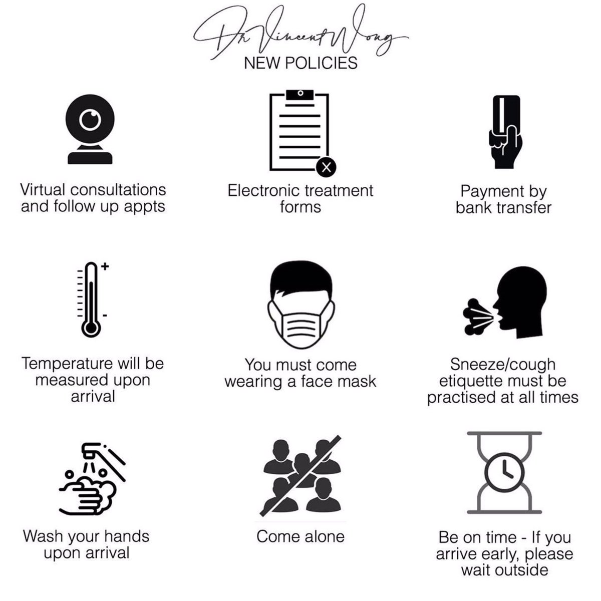 New policies for reopening. All patients must have a virtual consultation before a face-to-face appointment, in order to minimise appointment time. 

It’ll give us a good amount of time to catch up safely &amp; focus on treatment when we meet. Can’t wait to see you all very soon!
