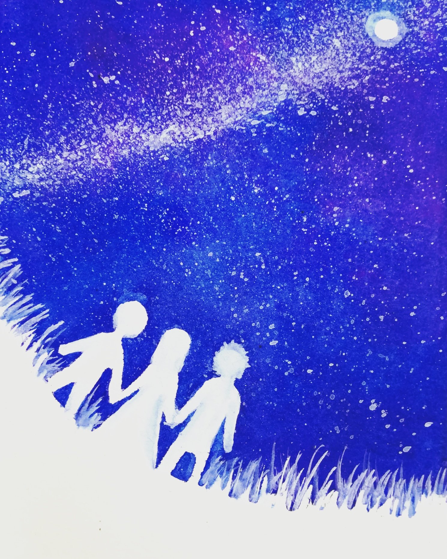 Hana 星見る子ども 思い出は いつまでたっても 色褪せない イラストグラム Illustration イラスト 透明 水彩 Watercolor 星空 夜空じゃあ Night Star 草 子ども 月 Moon 明かり 思い出 天の川 男の子 女の子 Photoshop Adobe デザイン デザイナー