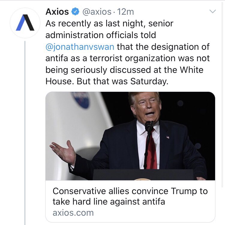 70/ So Jonathan Grifter Swan reproted that the WH was NOT discussing to name ANTIFA a terror org but on the same day, Trump did just that. What does Axios do? Packages it as if Swan was accurate but Trump just changed his mind. No clowns. Swan’s Fake Sourced Reporting was busted!