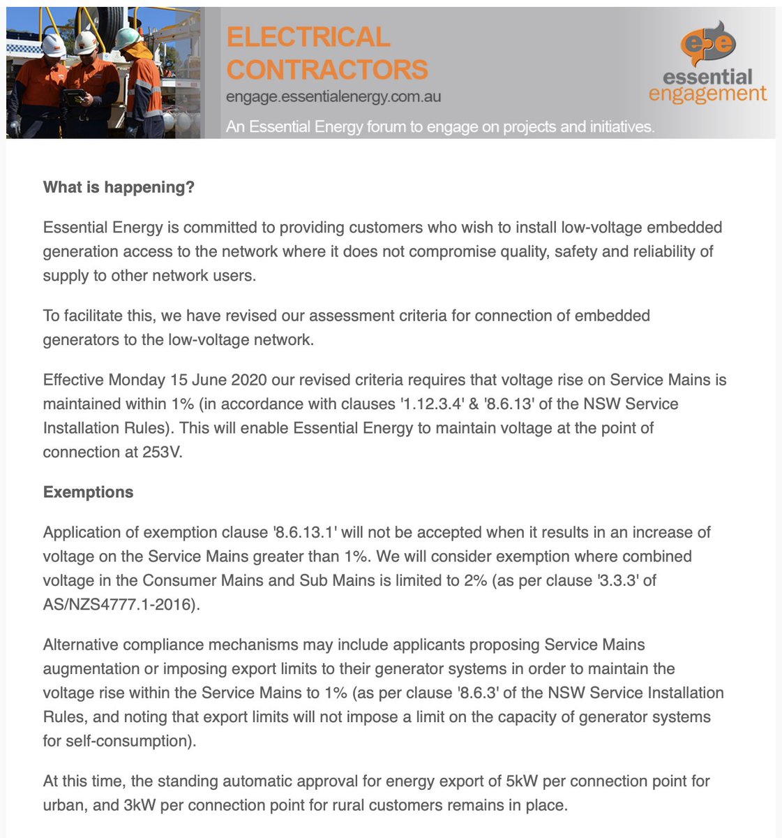 ☀️🔋Geoff Bragg (@sunman_geoff) on Twitter photo It seems <a href="/essentialenergy/">Essential Energy</a> have just announced via email that they will no-longer abide by NSW Service & Installation Rules 8.6.13.1 exemption in regard of Voltage Rise on Service Mains. That was the only bit of flexibility we had. ( I remember negotiating it back in 2014) It seems <a href="/essentialenergy/">Essential Energy</a> have just announced via email that they will no-longer abide by NSW Service & Installation Rules 8.6.13.1 exemption in regard of Voltage Rise on Service Mains. That was the only bit of flexibility we had. ( I remember negotiating it back in 2014)