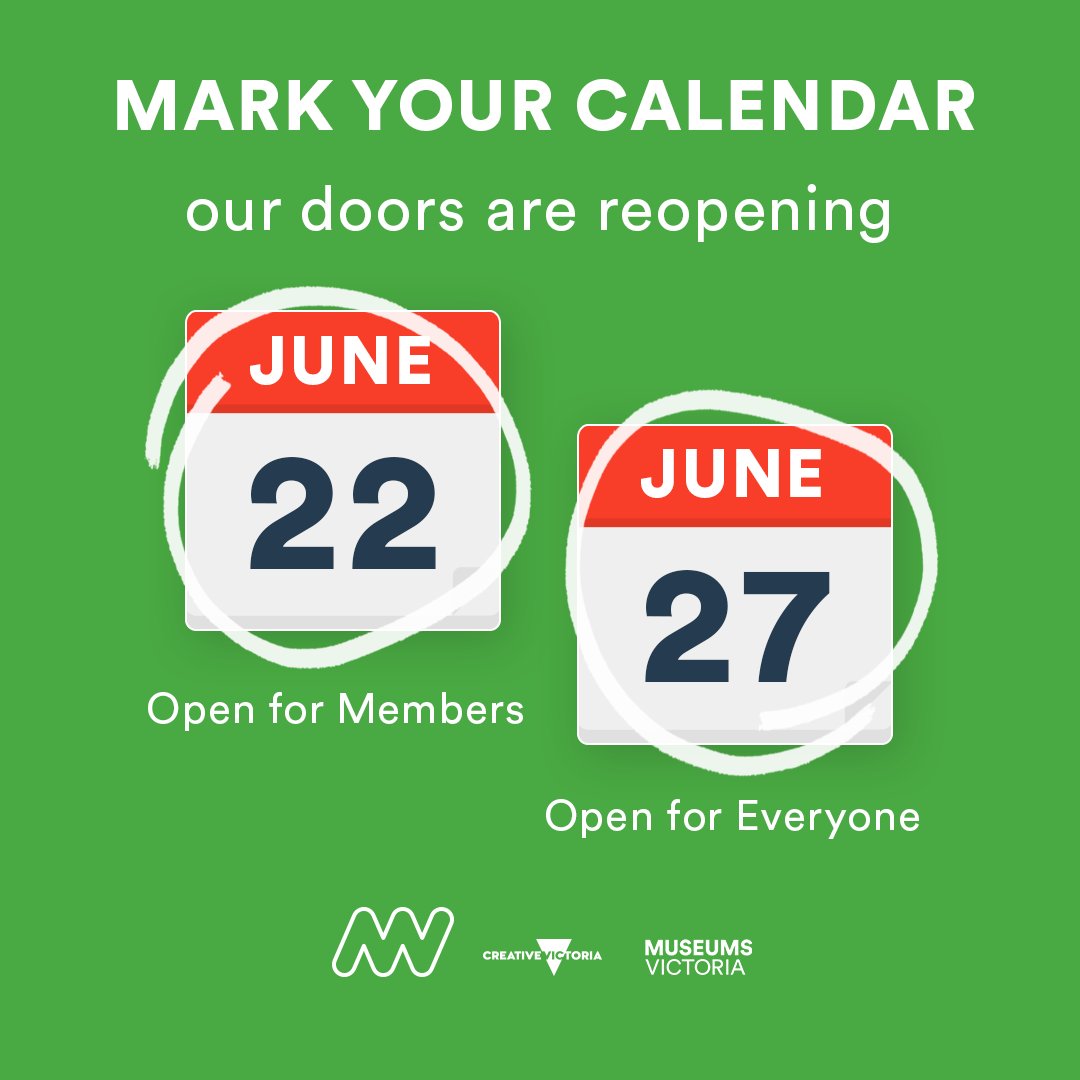 #JustAnnounced: <a href="/MelbourneMuseum/">Melbourne Museum</a>, <a href="/Scienceworks_MV/">Scienceworks</a> and <a href="/IMAX_Melbourne/">IMAX Melbourne</a> reopening from 27 June! <a href="/Immigration_MV/">Immigration Museum</a> is due to reopen in August, with the launch a new exhibition, Becoming You: An Incomplete Guide. #MuseumMembers get early access to #MelbourneMuseum from June 22! 👏
