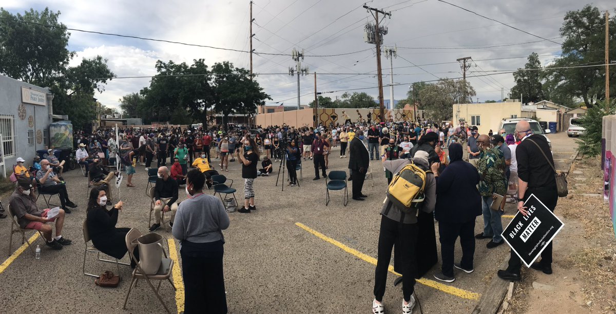 The crowd at Silver and Harvard SE. Speakers starting now hundreds of people on this block almost everyone wearing a mask and many people with signs.  @KOB4