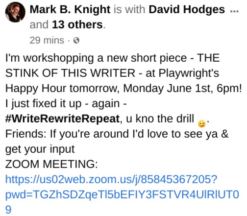 KnightVoiceover's tweet photo. Workshopping my new short piece!  THE STINK OF THIS WRITER - Playwright's Happy Hour tomorrow, Monday June 1st, 6pm. Friends: If you're around I'd love to see ya &amp; get your input. 
https://t.co/xLtmfgkMGs https://t.co/2dLqYgoEq8