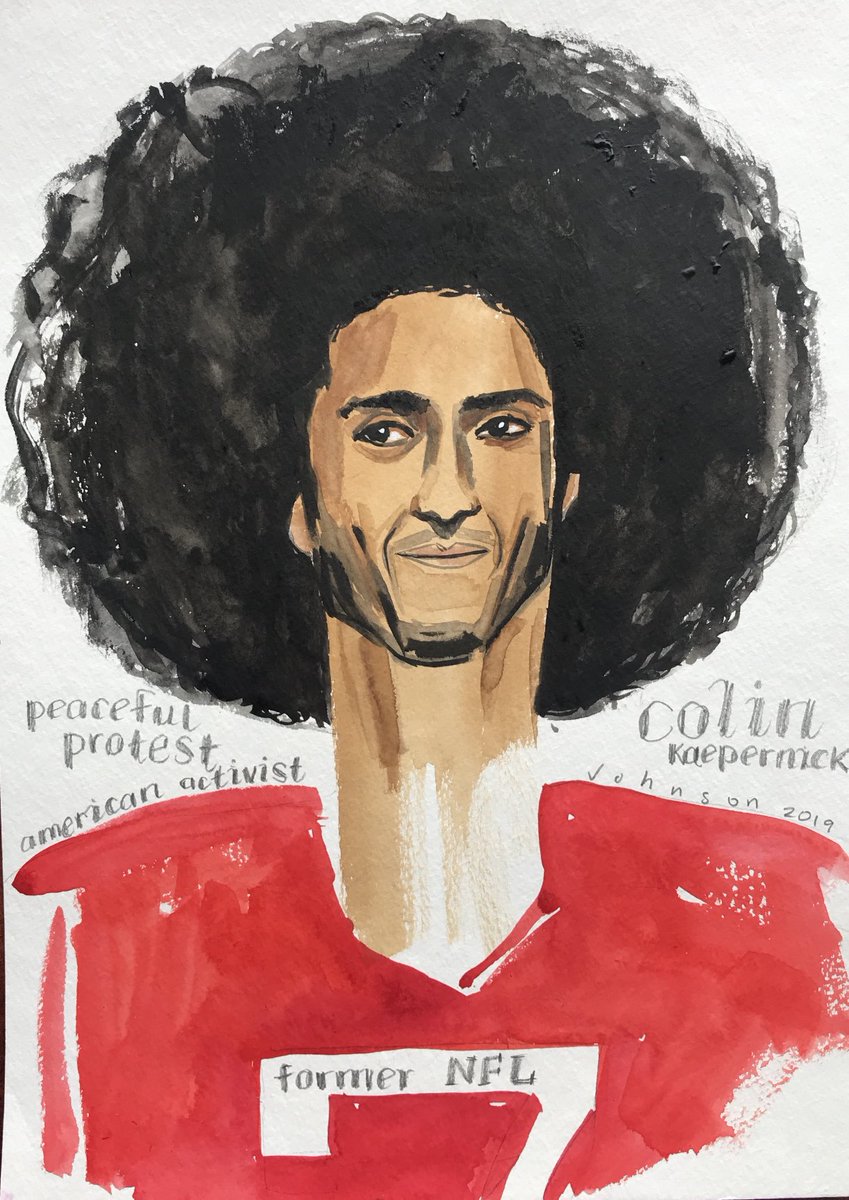 juliejohnsonart's tweet photo. In 2019 he inspired me so much I had to draw him. In 2020 he is inspiring many who missed his deeply felt point the first time around. #colinkaepernick #takeaknee #standwithkap @Kaepernick7 https://t.co/JGmvRSdJRq