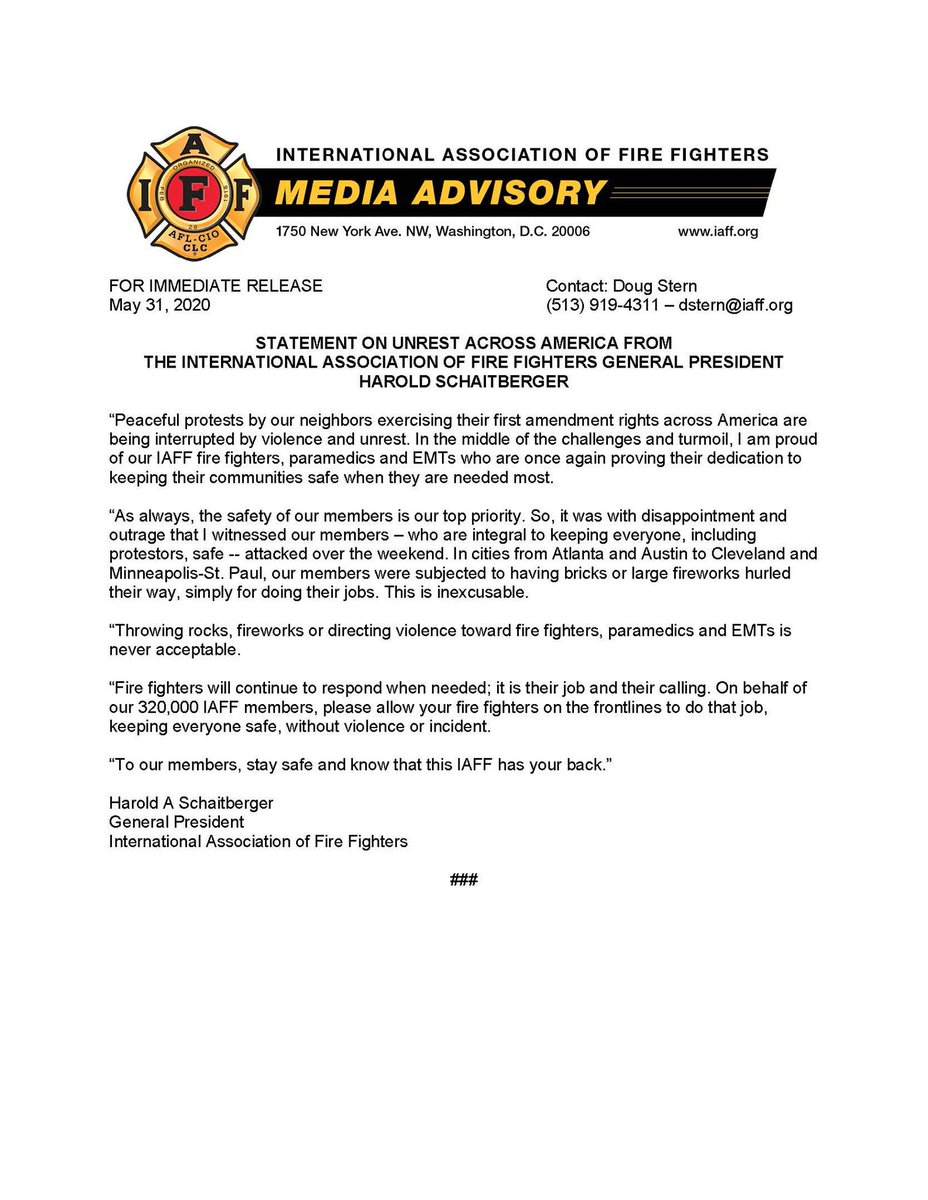 DougWStern's tweet photo. The @IAFFNewsDesk released this statement earlier today following a night that saw fire fighters across America pelted w bricks, rocks and fireworks as they responded to help their communities. https://t.co/vCSmlyFZ3c