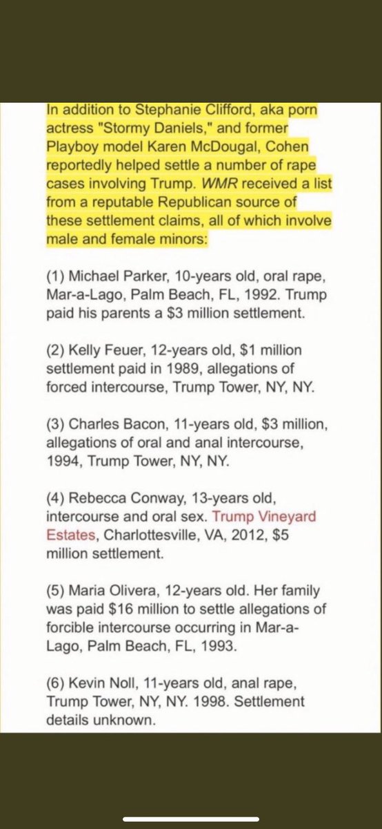 Les viols qui ont été commis par Trump et mis sous silence en donnant une somme d’argent aux familles.Le dernier date d’il y a 8 ans !