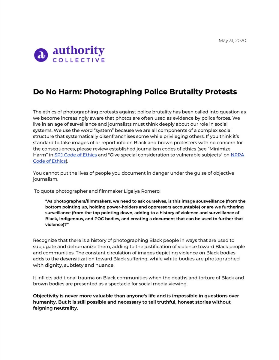 Inspired by discussions on various group chats, slacks and FB groups over the weekend we wrote "Do No Harm: Photographing Police Brutality Protests"  https://bit.ly/DoNoHarm_AC 