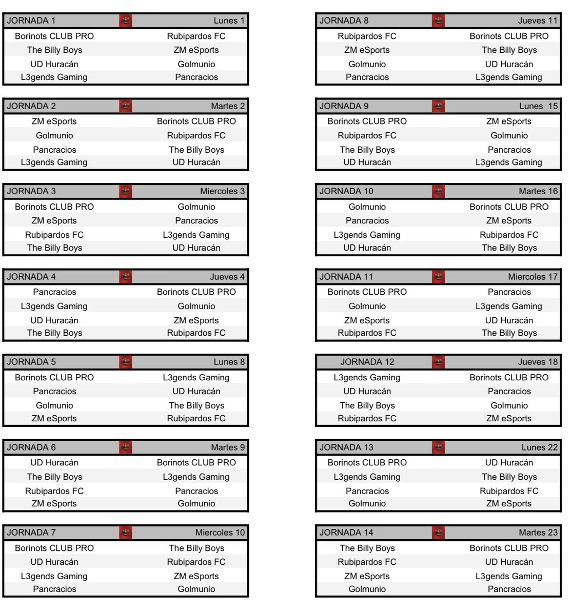 Mañana comenzamos con las jornadas, 23 días nos esperan de liga!
Mucha suerte a todos⚔️🛡