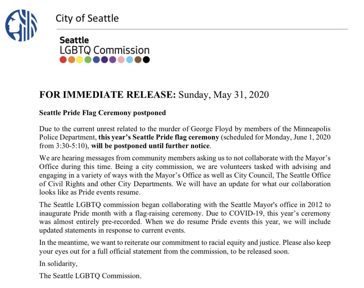 Seattle LGBTQ Commission (@seattlelgbtq) on Twitter photo 🏳️🌈 Tomorrow’s #Seattle #Pride Flag Raising event is postponed. Please read our statement. <a href="/MayorJenny/">Jenny Durkan</a> <a href="/CityofSeattle/">City of Seattle</a> <a href="/SEACivil_Rights/">Seattle Office for Civil Rights</a> 🏳️🌈 Tomorrow’s #Seattle #Pride Flag Raising event is postponed. Please read our statement. <a href="/MayorJenny/">Jenny Durkan</a> <a href="/CityofSeattle/">City of Seattle</a> <a href="/SEACivil_Rights/">Seattle Office for Civil Rights</a>