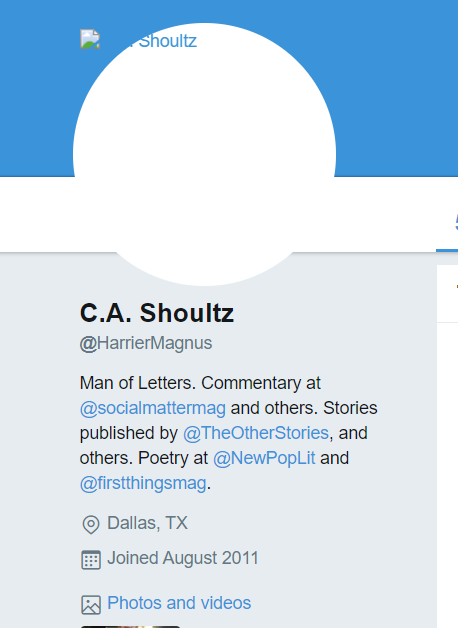 FURTHER PROOF:His archived profile in his twitter bio lists  @theotherstories as a site he's been published on.Its the exact same site linked in the fimfiction blogSOURCES: https://web.archive.org/web/20181220061802/https:/twitter.com/HarrierMagnus https://www.fimfiction.net/blog/727405/forking-paths http://www.theotherstories.org/episodes/episode-67-in-the-sun-by-c-a-shoultz/