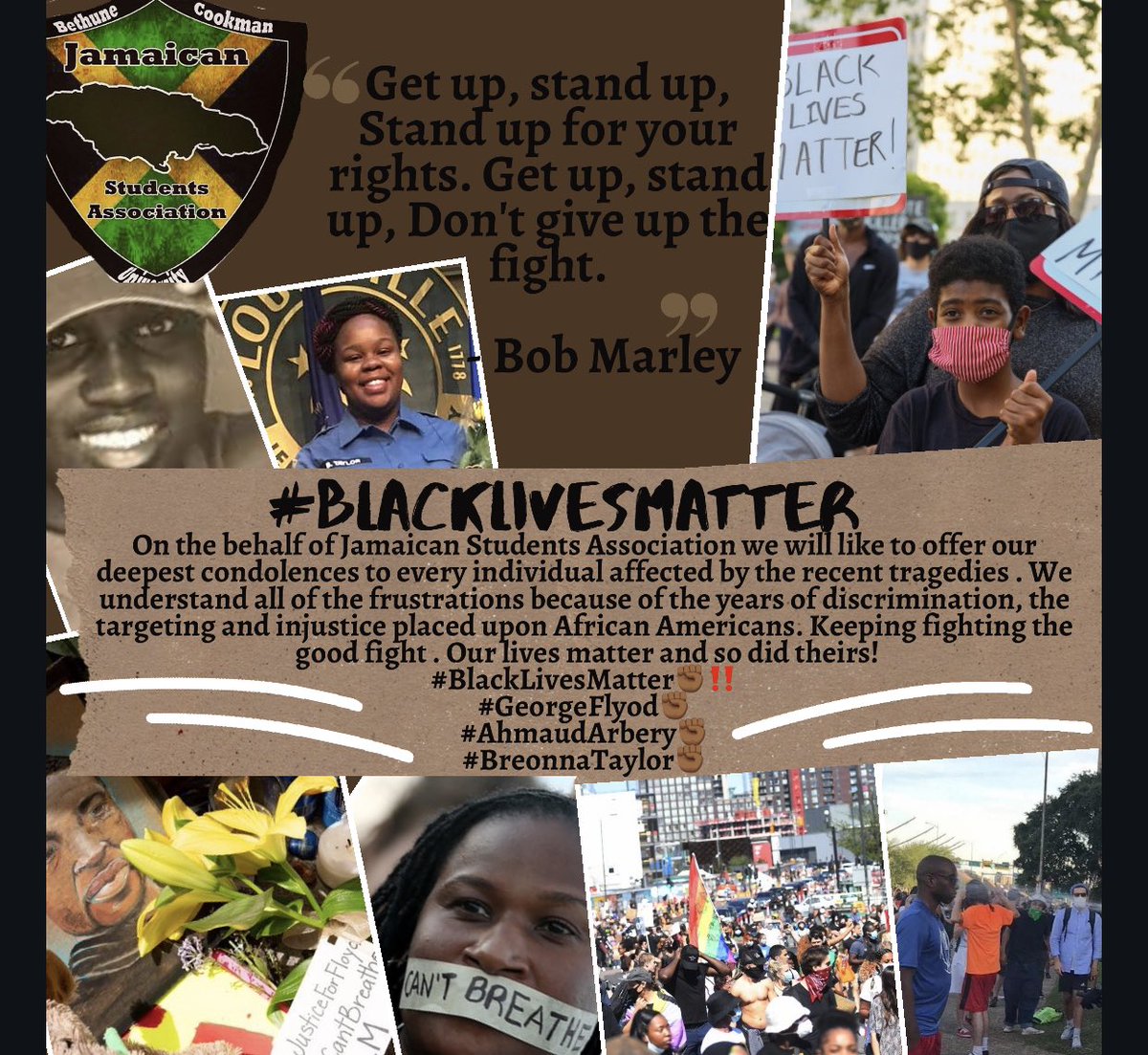 bcu_jsa's tweet photo. On the behalf of Jamaican Students Association we will like to offer our deepest condolences to every individual affected by the recent tragedies .Keeping fighting the good fight.Our lives matter and so did theirs! #BlackLivesMatter✊🏾‼️
#GeorgeFlyod #AhmaudArbery 
#BreonnaTaylor https://t.co/7xgK7INnth