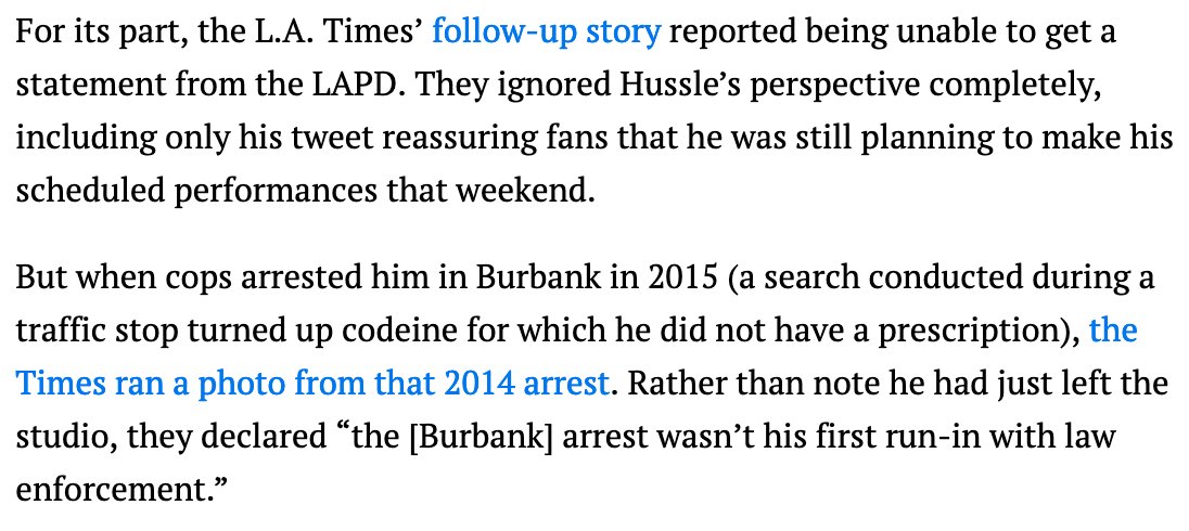 I talked about this w/ regard to Nipsey's 2014 arrest at his store. It's hardly a unique incident, but it speaks to how much power they had to shape the narrative around someone who was visible.  https://la.streetsblog.org/2019/08/15/nipsey-hussle-understood-cities-better-than-you-why-didnt-you-know-who-he-was/