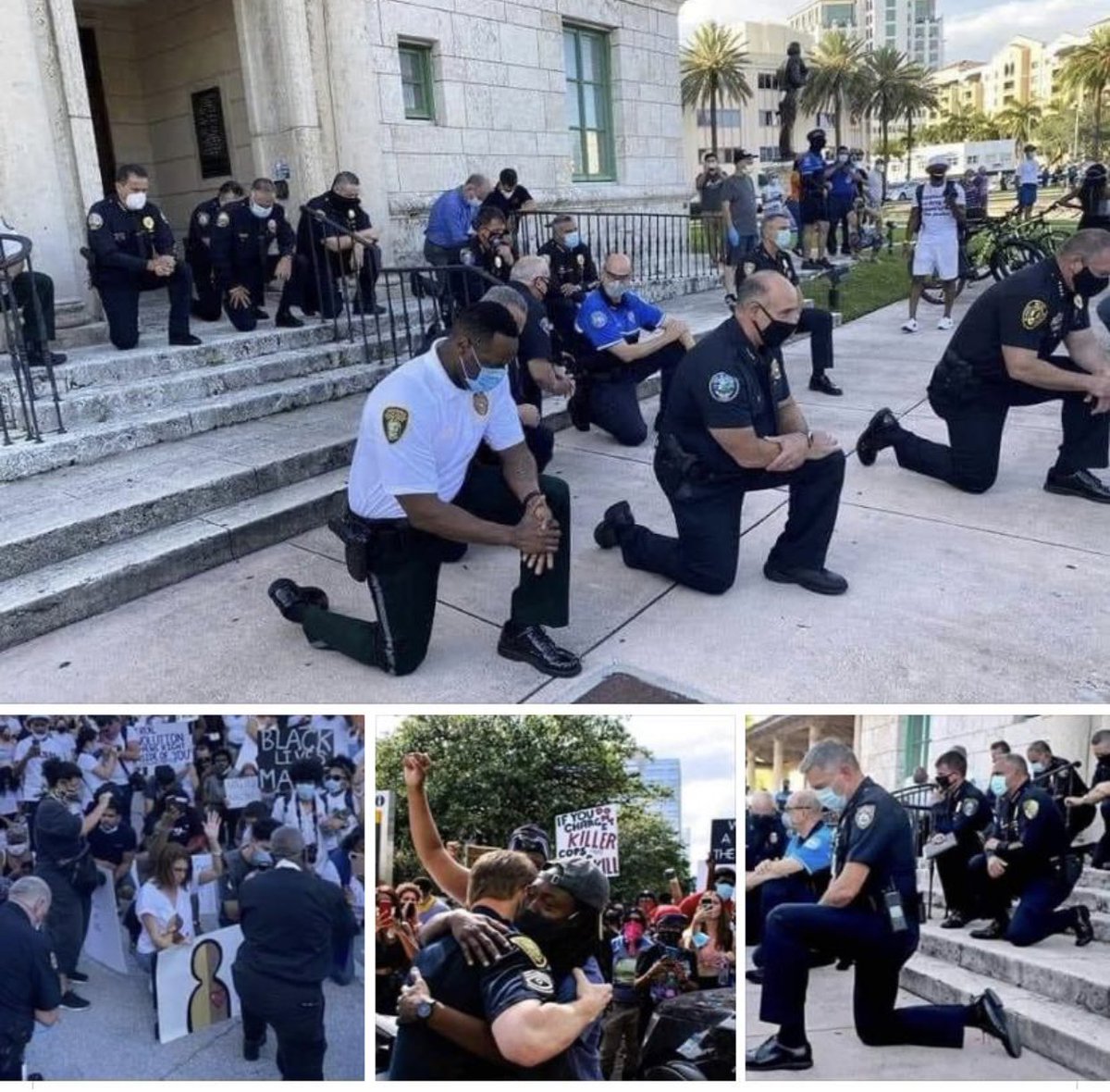 La policía de Miami en un acto de piedad e inteligencia, reciben de rodillas a los manifestantes, para terminar todos en un abrazo fraterno.
Una acción de remordimiento a la prepotencia racial.