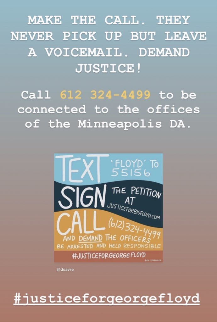 AUTigers4Ever's tweet photo. I made the call!! Did you?! Please call. Lv msg. Demand justice. All 4 officers should be charged& prosecuted to the full extent. In this time,many of us are quarantined at home but you can still use ur voice. (Via @D_SAVRE IG)
#EndSystemicRacismNow #DemandJusticeForGeorgeFloyd https://t.co/j4SaC7hs2B
