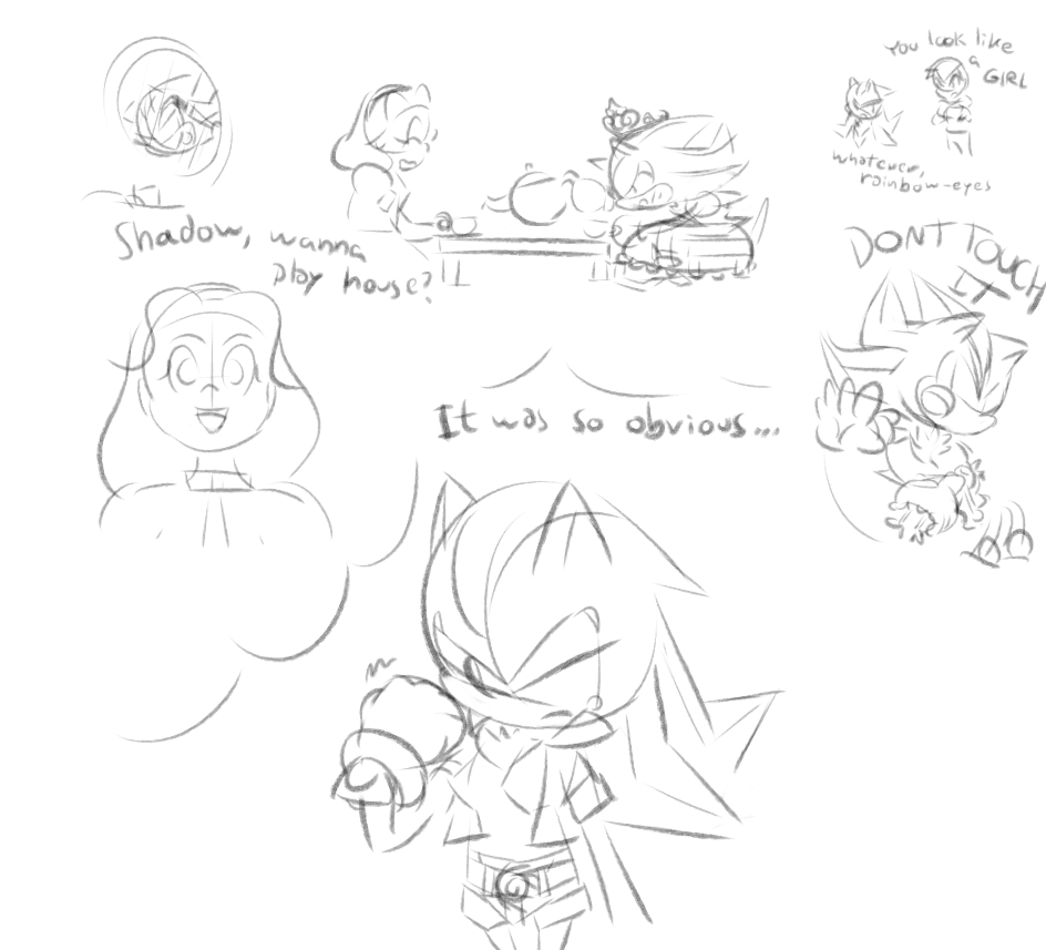 shadow reflecting on past femme experiences aboard the ark, including playing with maria, dressing up and trying makeup, being defensive about dolls ("DON'T TOUCH IT") and an altercation with young guncommander